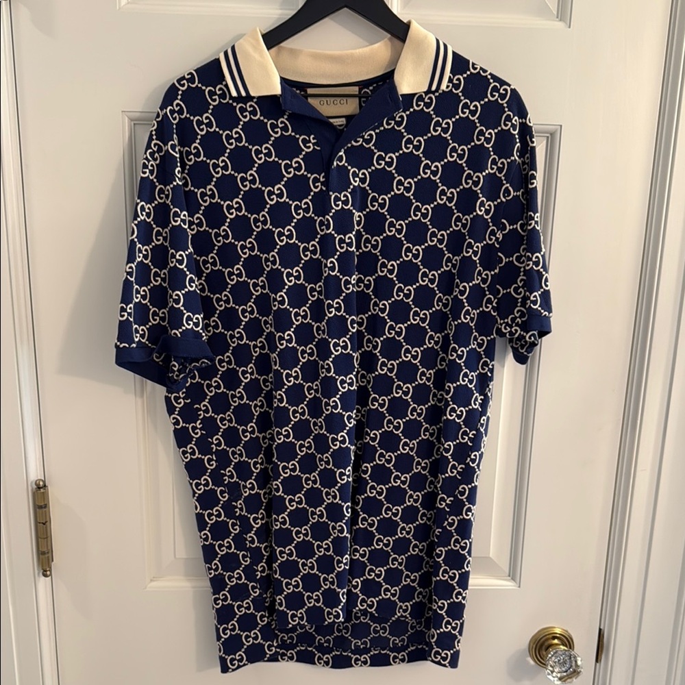 Gucci Blue and Cream Polo Shirt with Monogram Design